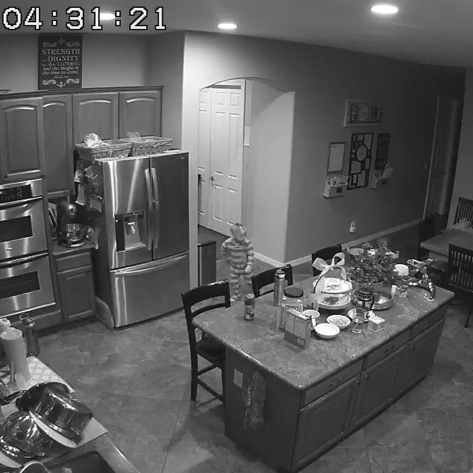 A camera captures a kitchen with a stove and refrigerator and a small boy, sneaking through the room trying to not be detected.