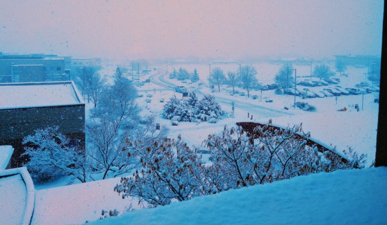 Snow covered trees, buildings and roads a view that brings home to the hospital