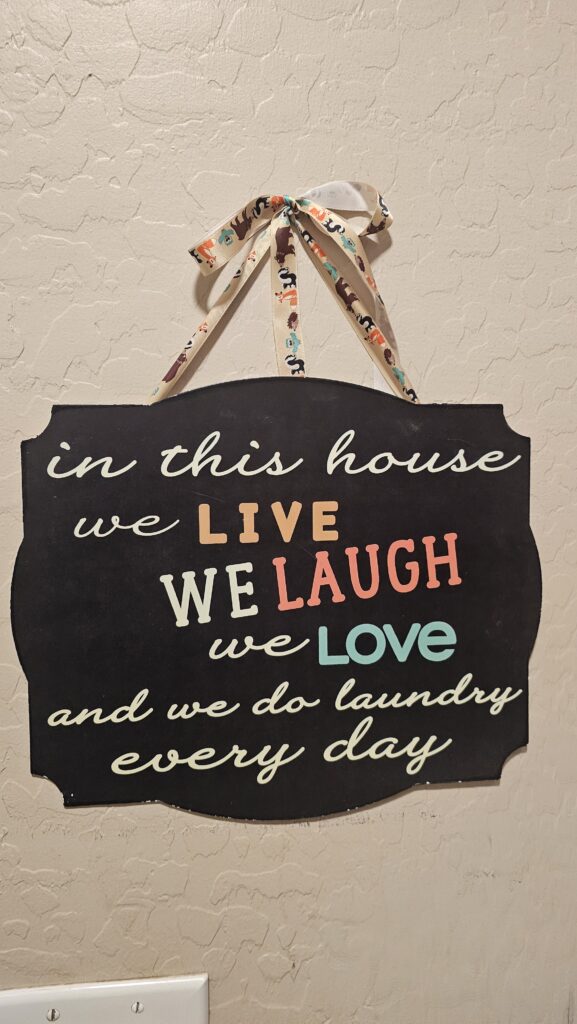 Decorative wall sign with colorful text that reads “In this house we live, we laugh, we love, and we do laundry every day.”